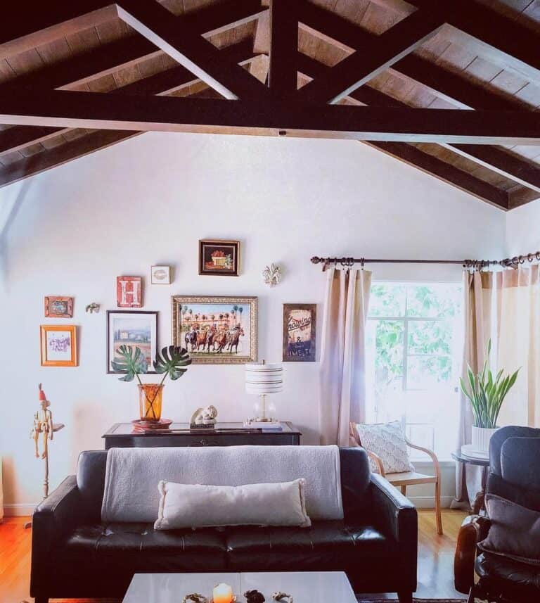 Rustic Wood Paneled Ceiling With Exposed Beams