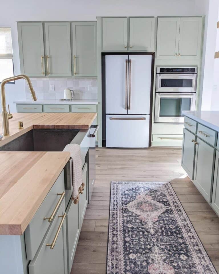 Sage Green Shaker Cabinets With White Fridge