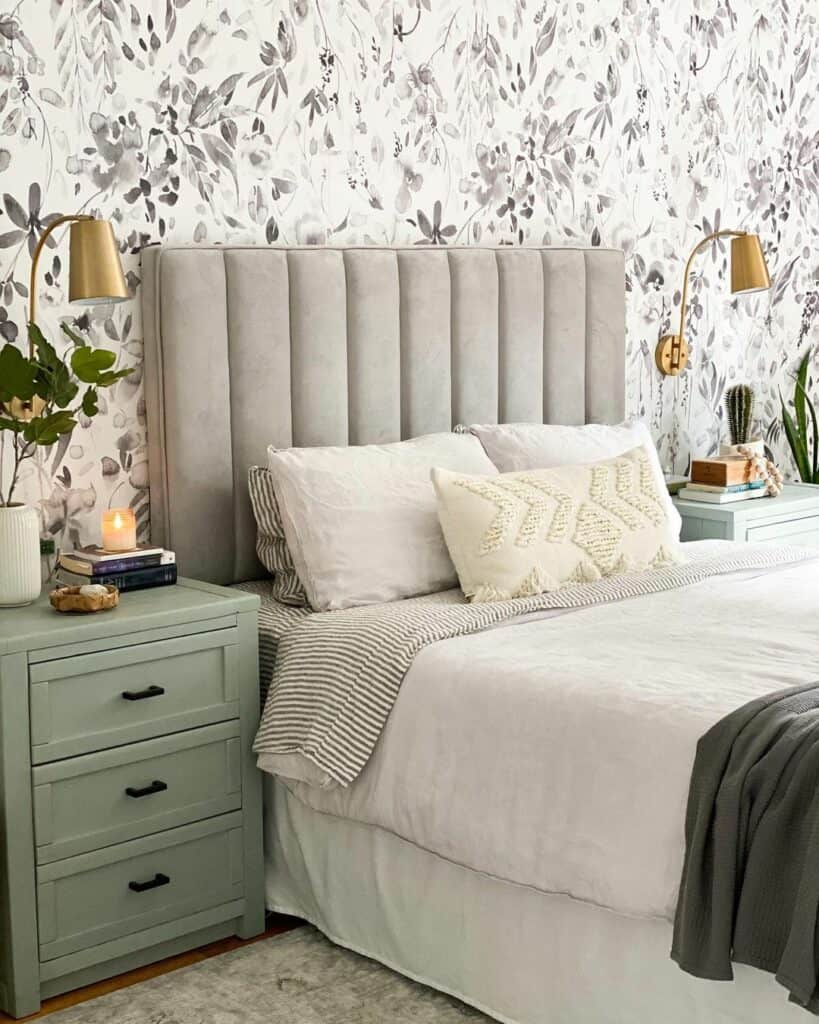 Sage Nightstands Before Floral Wallpaper