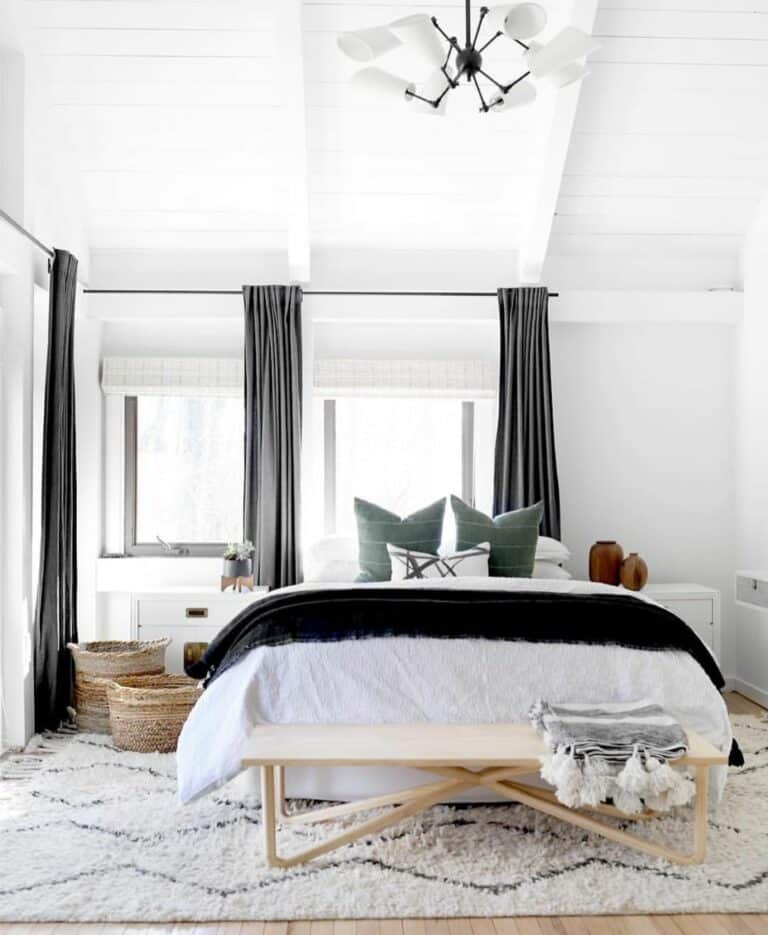 Shag Rug Adds Warmth to White Bedroom