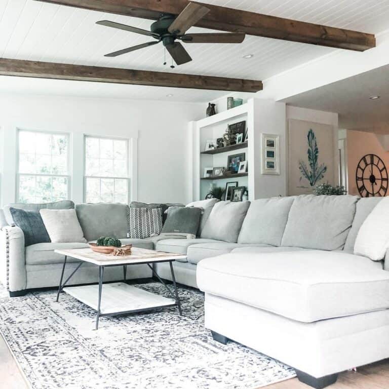 Shiplap Living Room Ceiling With Dark Exposed Wood Beams