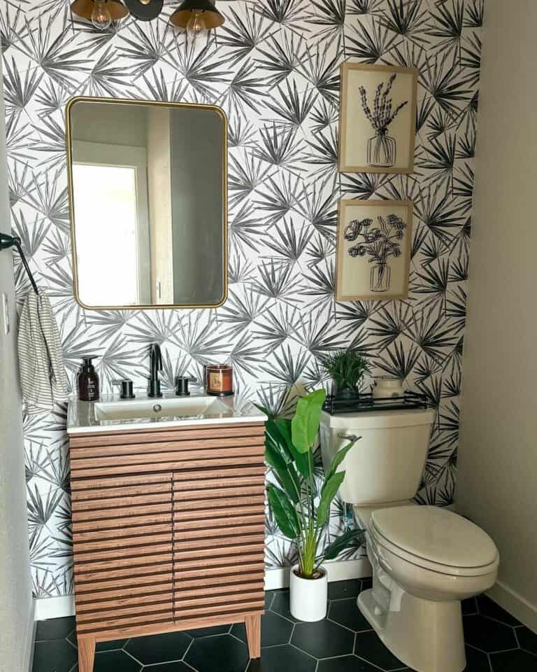 Small Boho Powder Room With Tropical Accent Wallpaper