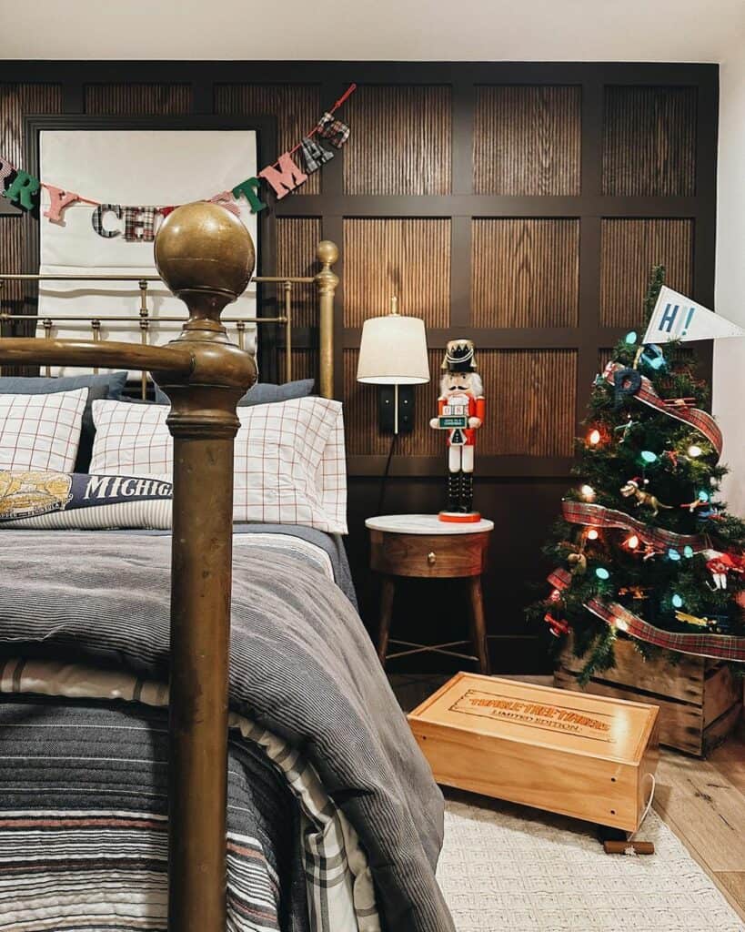 Stained Wood Accent Wall in a Rustic Bedroom