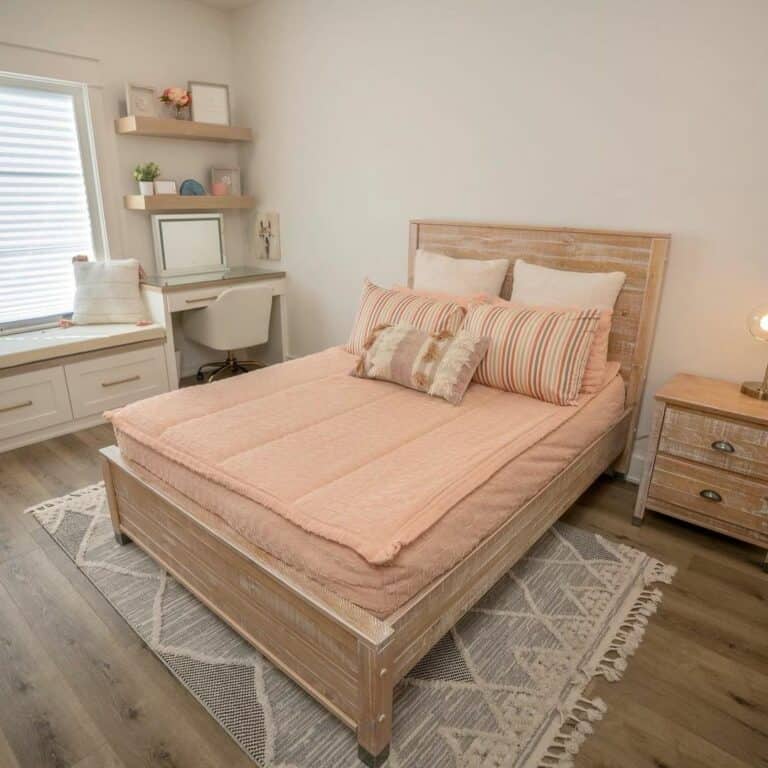 Stained Wood Bed With Pink Bedding