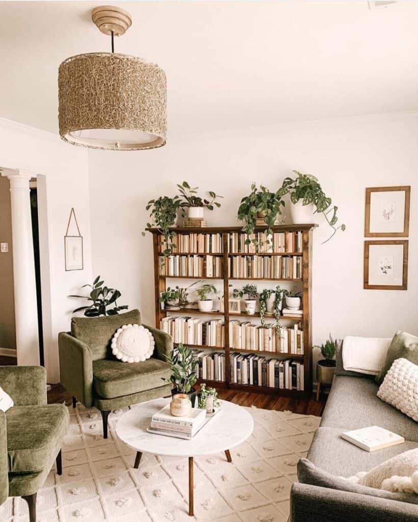 Stained Wood Bookcase With Greenery