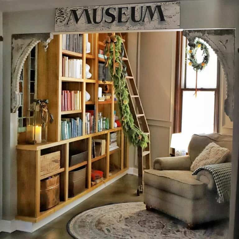 Stained Wood Bookshelves With Rolling Ladder