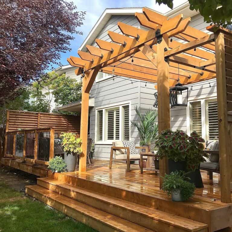 Stained Wood Deck With Pergolas