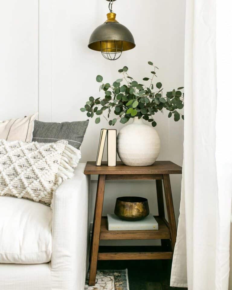 Stained Wood Farmhouse End Table With Greenery