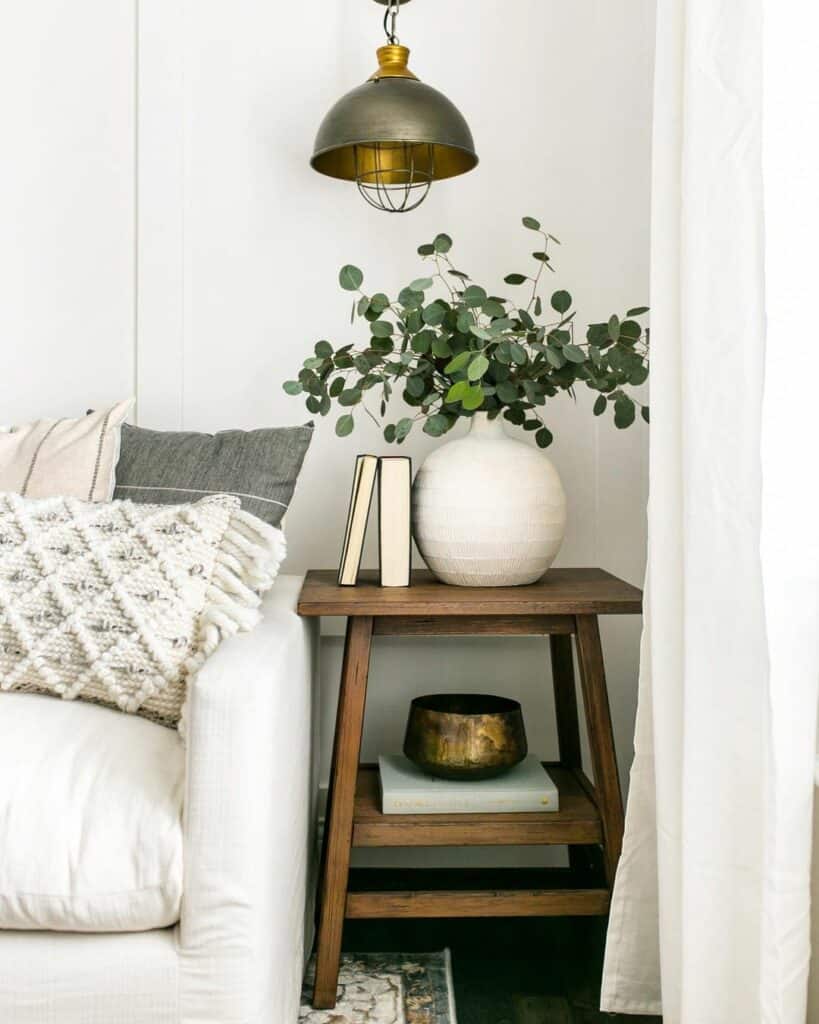 Stained Wood Farmhouse End Table With Greenery