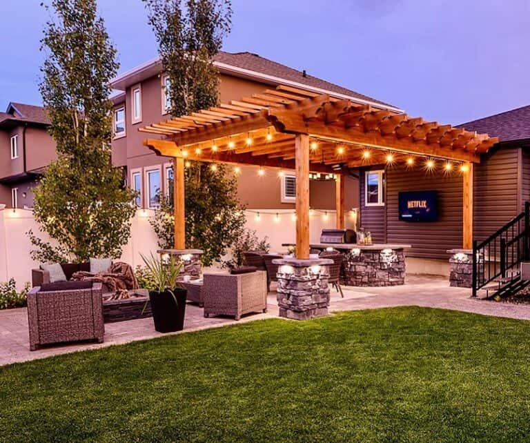 Stained Wood Gazebo With Lights