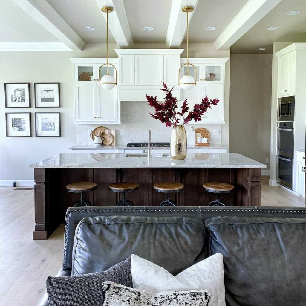 Taupe Ceiling With Exposed Beams and Recessed Can Lights