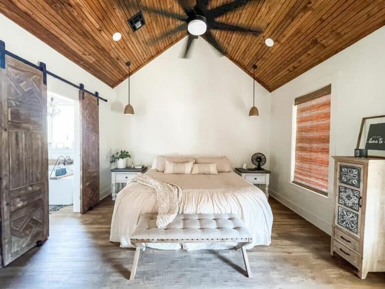 Vaulted Wooden Beadboard Ceiling in Farmhouse Bedroom