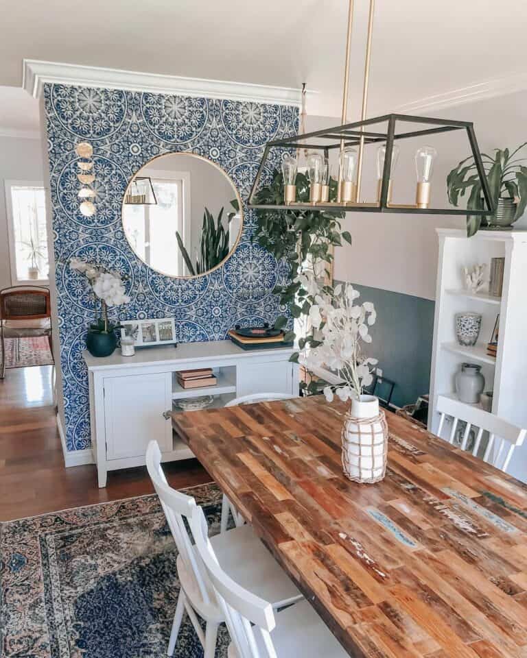 Vintage Dining Room With Wallpaper Accent Wall