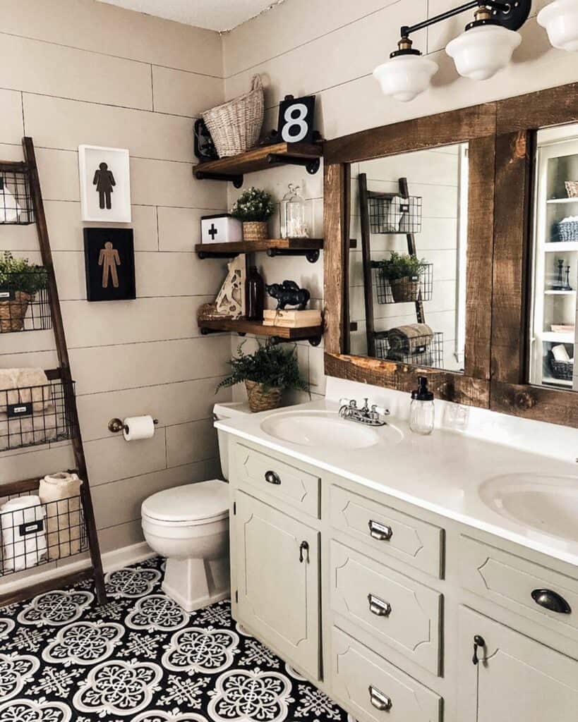 Vintage Farmhouse Bathroom With Patterned Floor Tiles - Soul & Lane