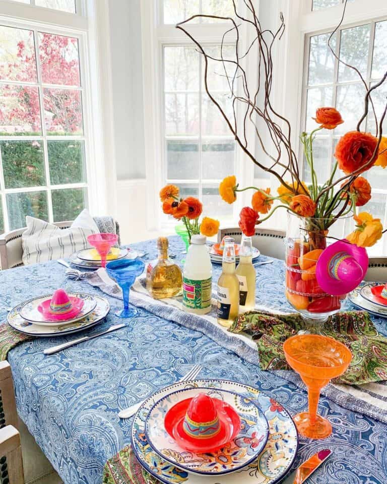 Whimsical Tablescape in White Dining Room