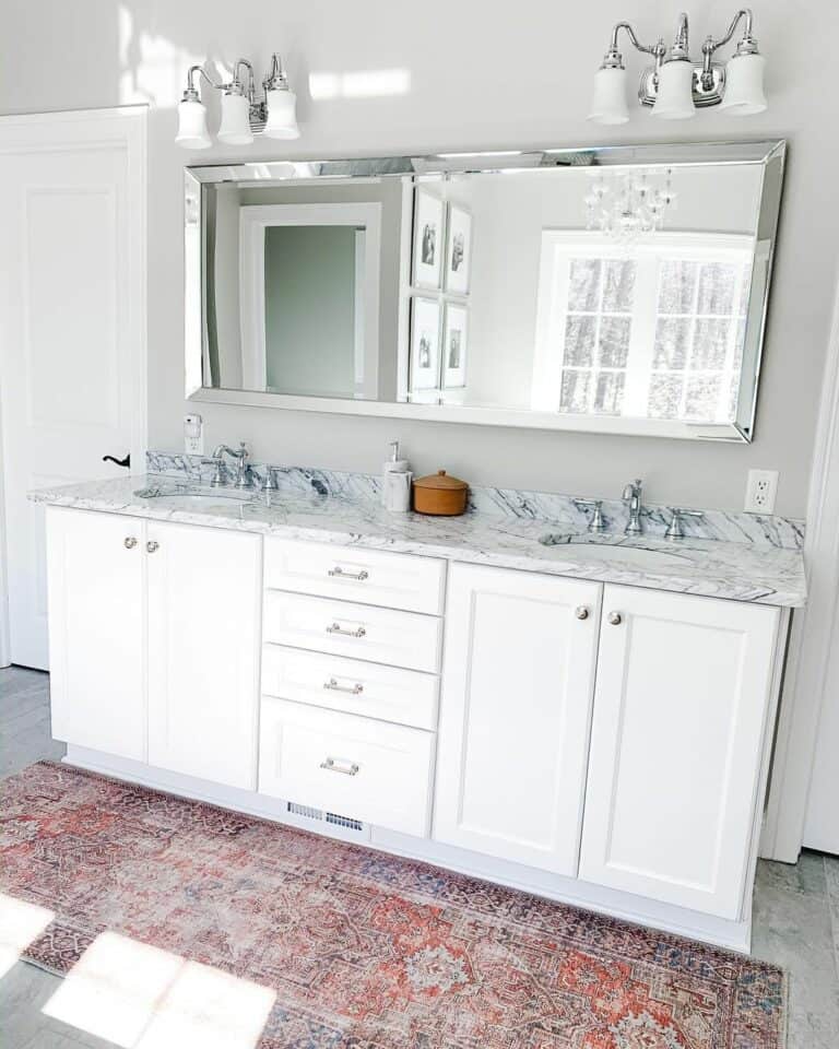 White Bathroom Double Vanity With Silver Accents