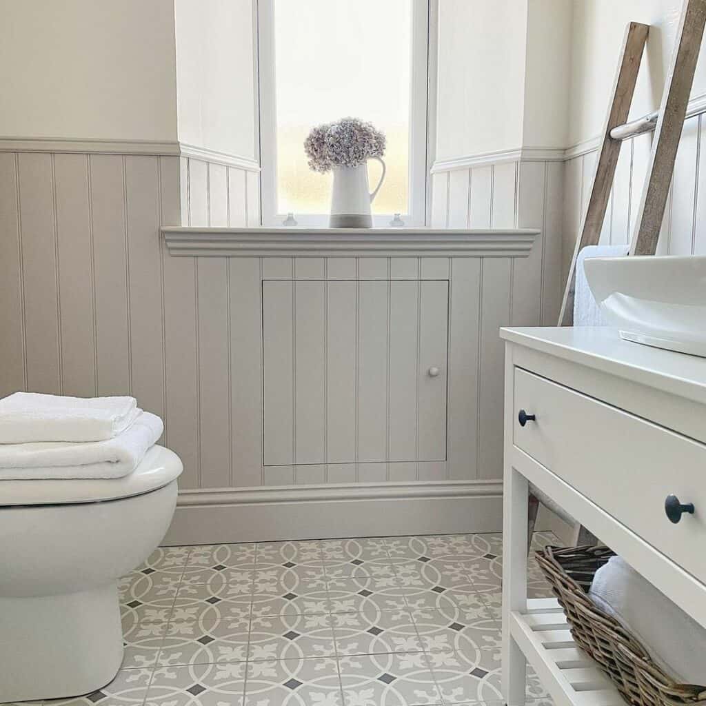 White Bathroom With Patterned Tiles