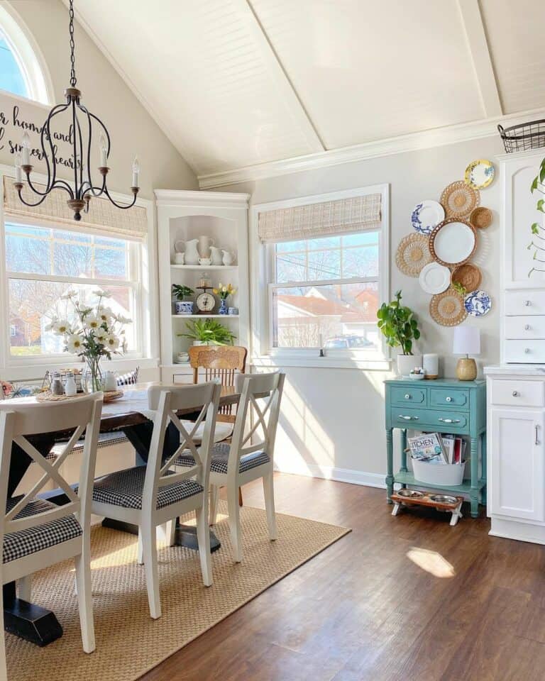 White Beadboard Ceiling in Vaulted Dining Room