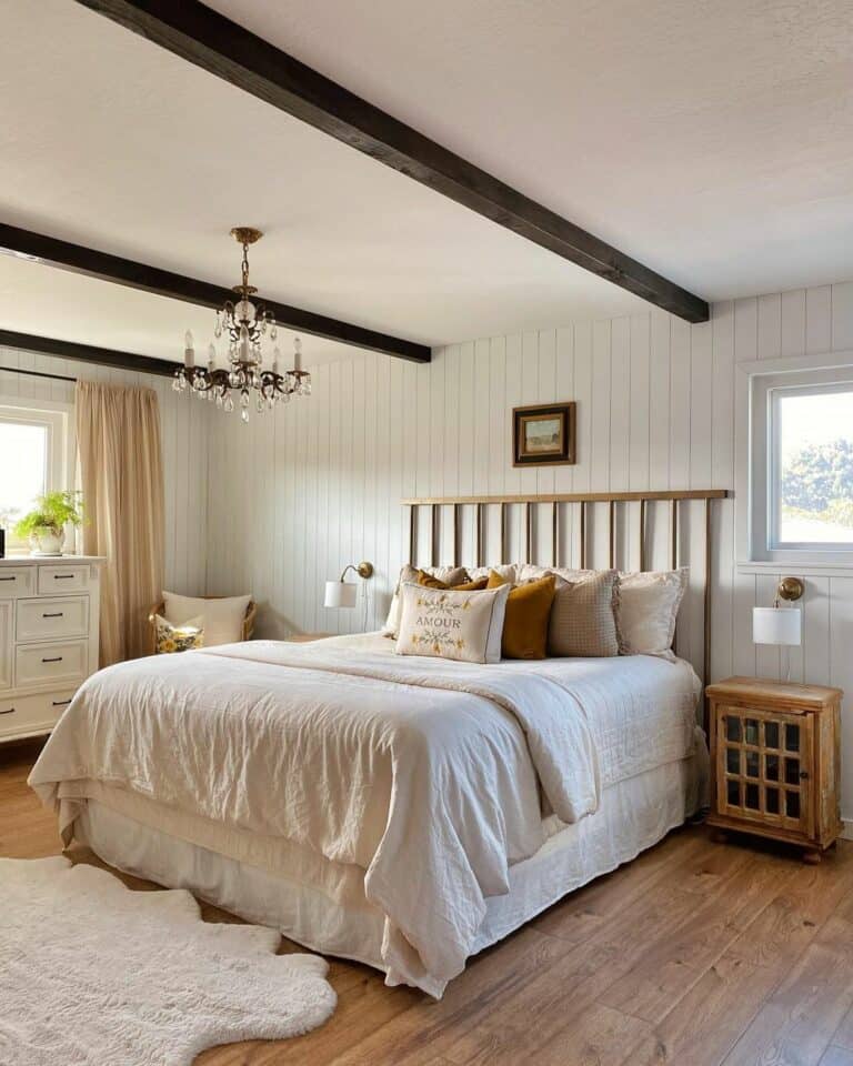 White Bedroom Ceiling With Dark Exposed Wood Beams