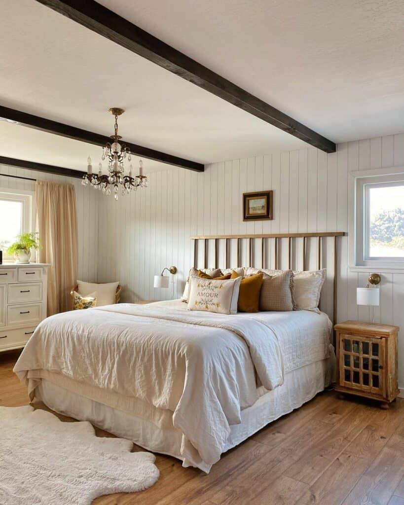 White Bedroom Ceiling With Dark Exposed Wood Beams Soul & Lane