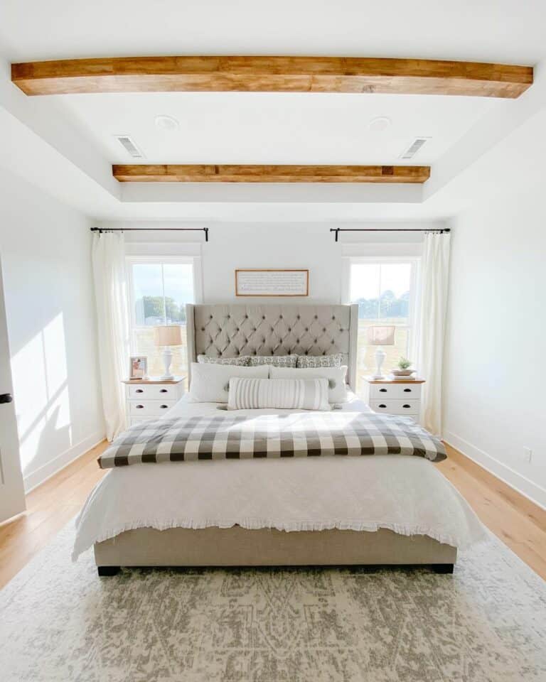 White Bedroom Ceiling With Natural Exposed Wood Beams