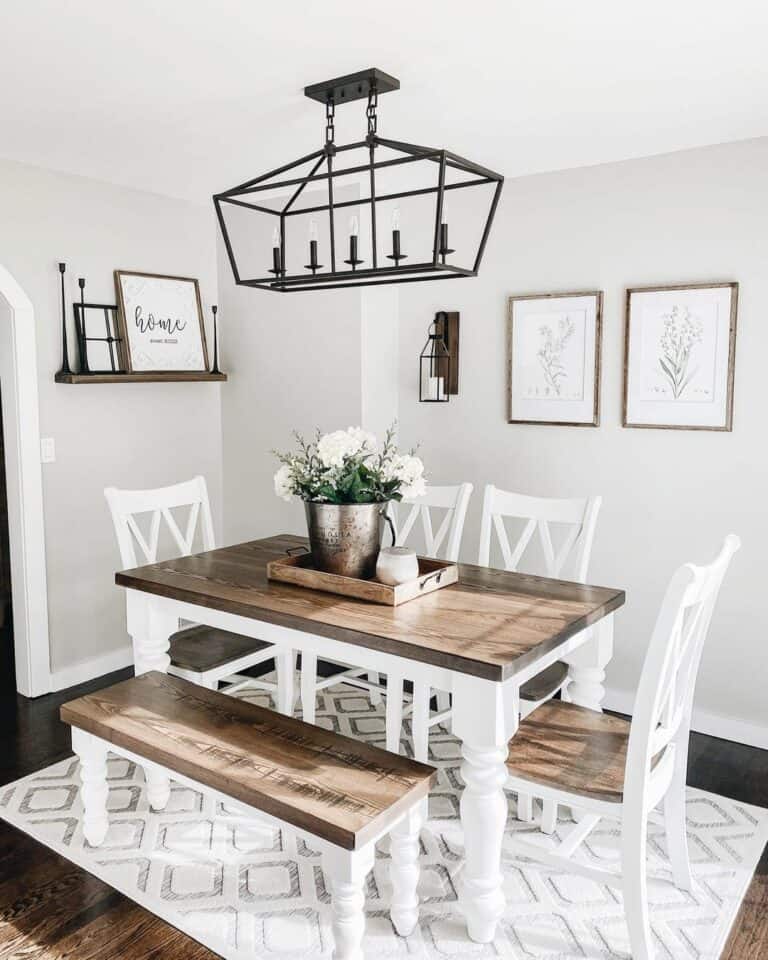 White Dining Room With Walnut Table and Bench