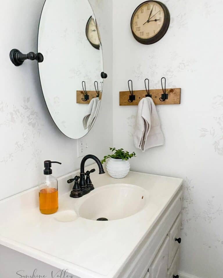 White Farmhouse Bathroom With Floral Wallpaper