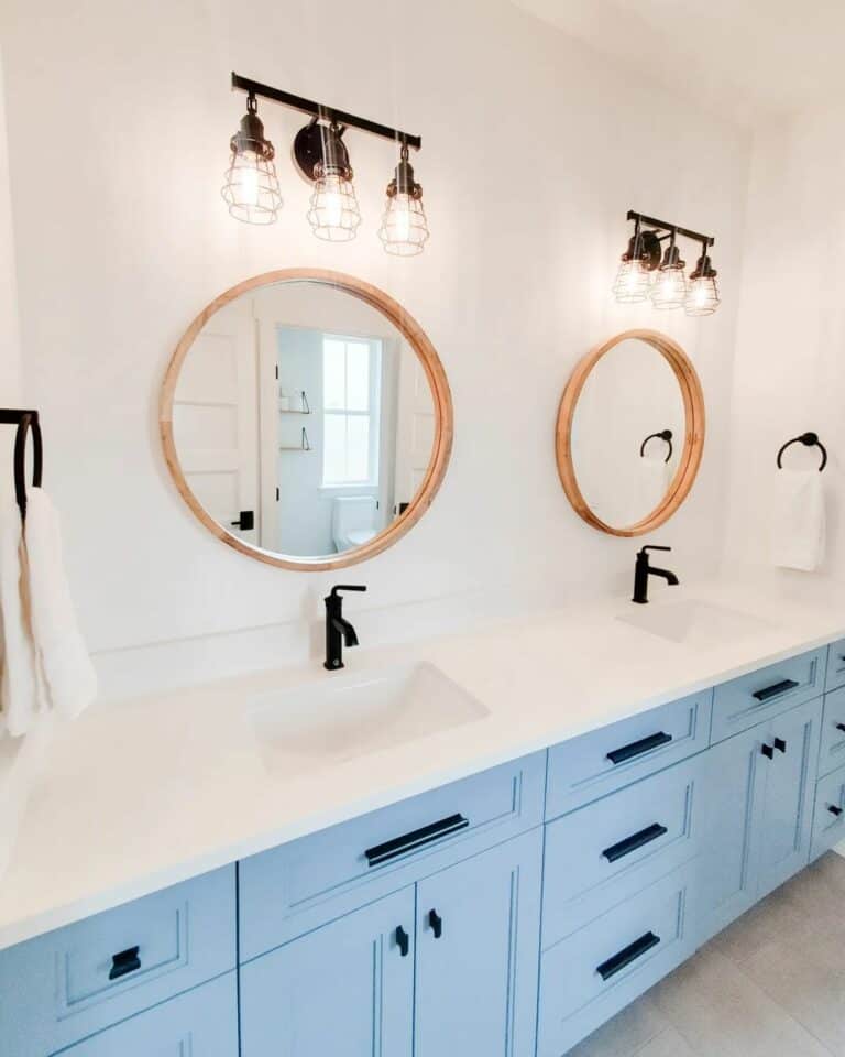 White Farmhouse Bathroom With Framed Mirrors