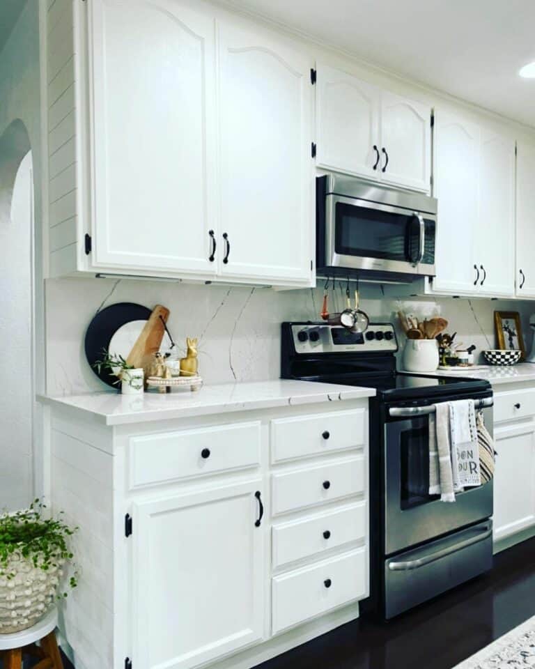 White Kitchen Ideas With Marble Counters and Backsplash