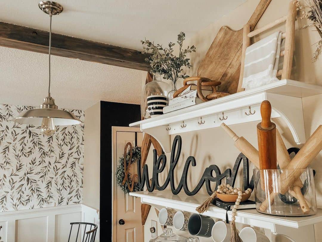 White Kitchen Shelves With Black Lettered Décor - Soul & Lane