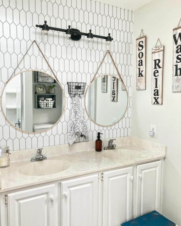 White Picket Tile Above Cream Vanity