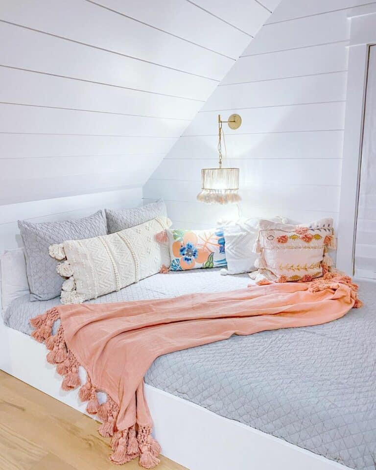 White Shiplap Bonus Room With White Bed