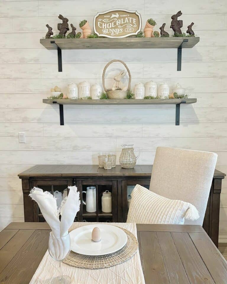 White Shiplap Walls With Built-in Shelves in Dining Room