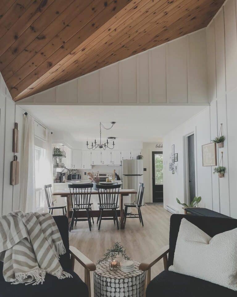 White Shiplap Walls With Wooden Bead Board Ceiling in Cottagecore Living Room
