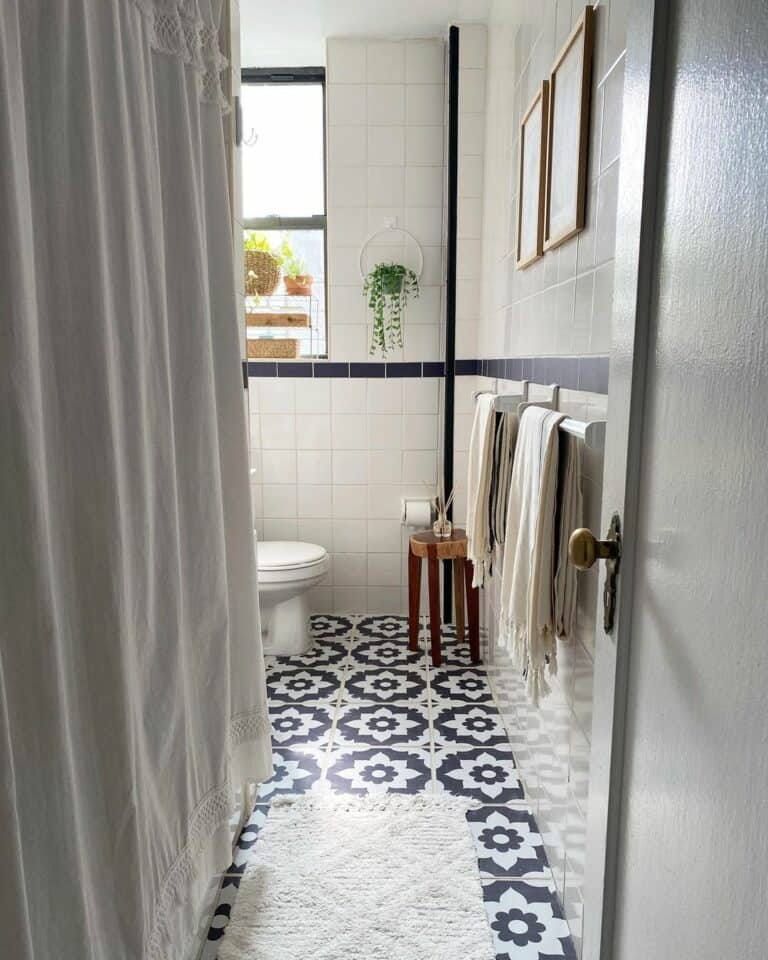 White Square Tile Bathroom With Mosaic Floors