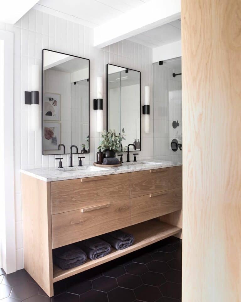 White Vertical Bathroom Tile With Oak Vanity