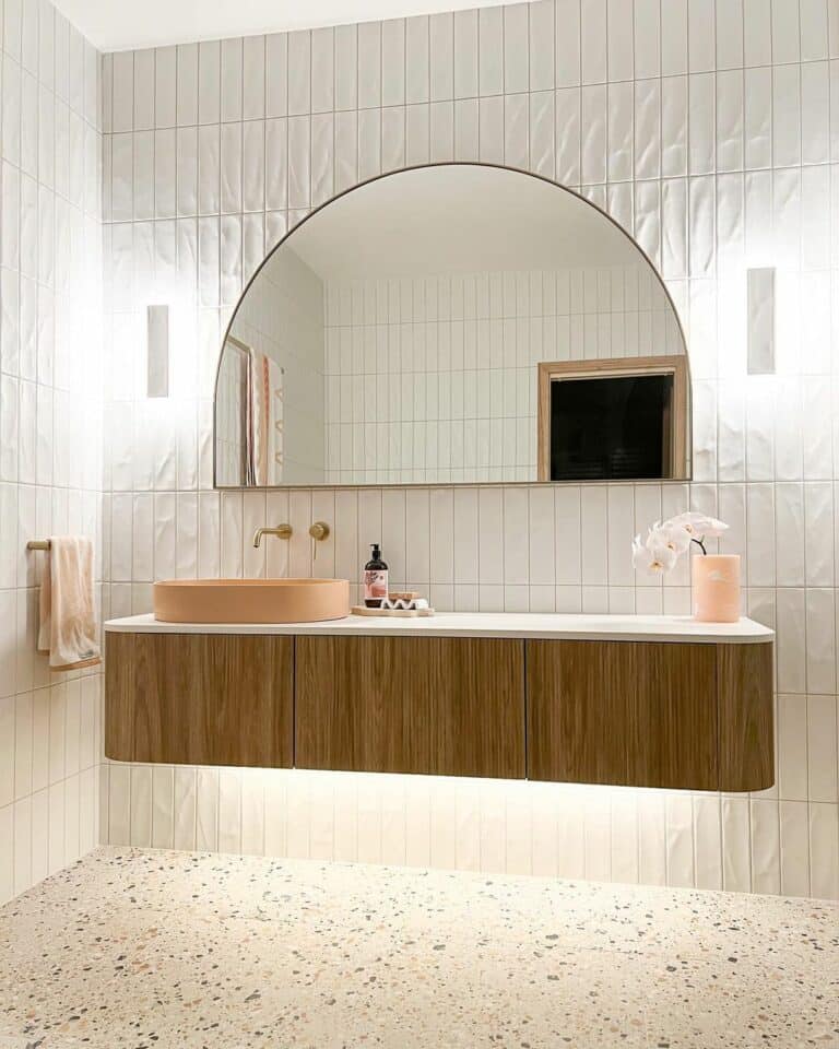 White Vertical Tile Bathroom With Wood Vanity