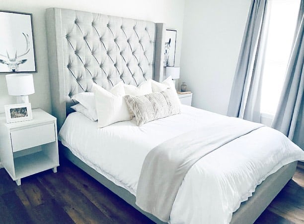 White and Gray Farmhouse Bedroom Design