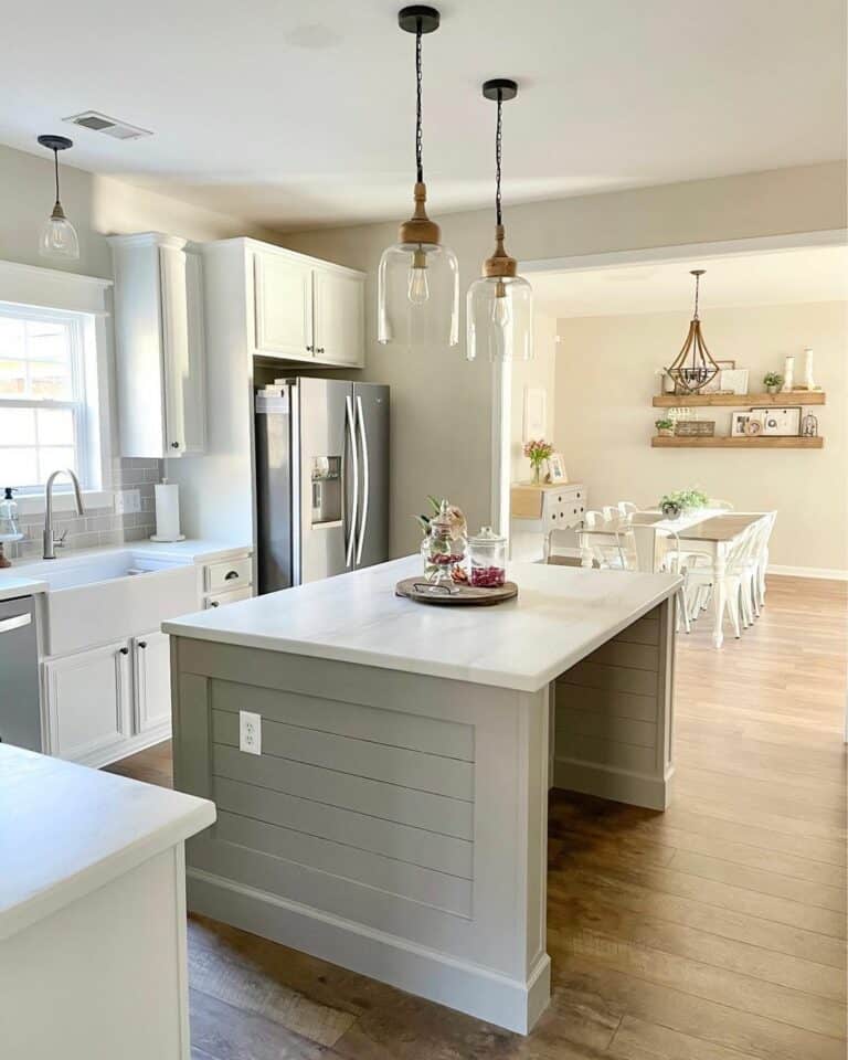 White and Gray Kitchen With Wood Accents
