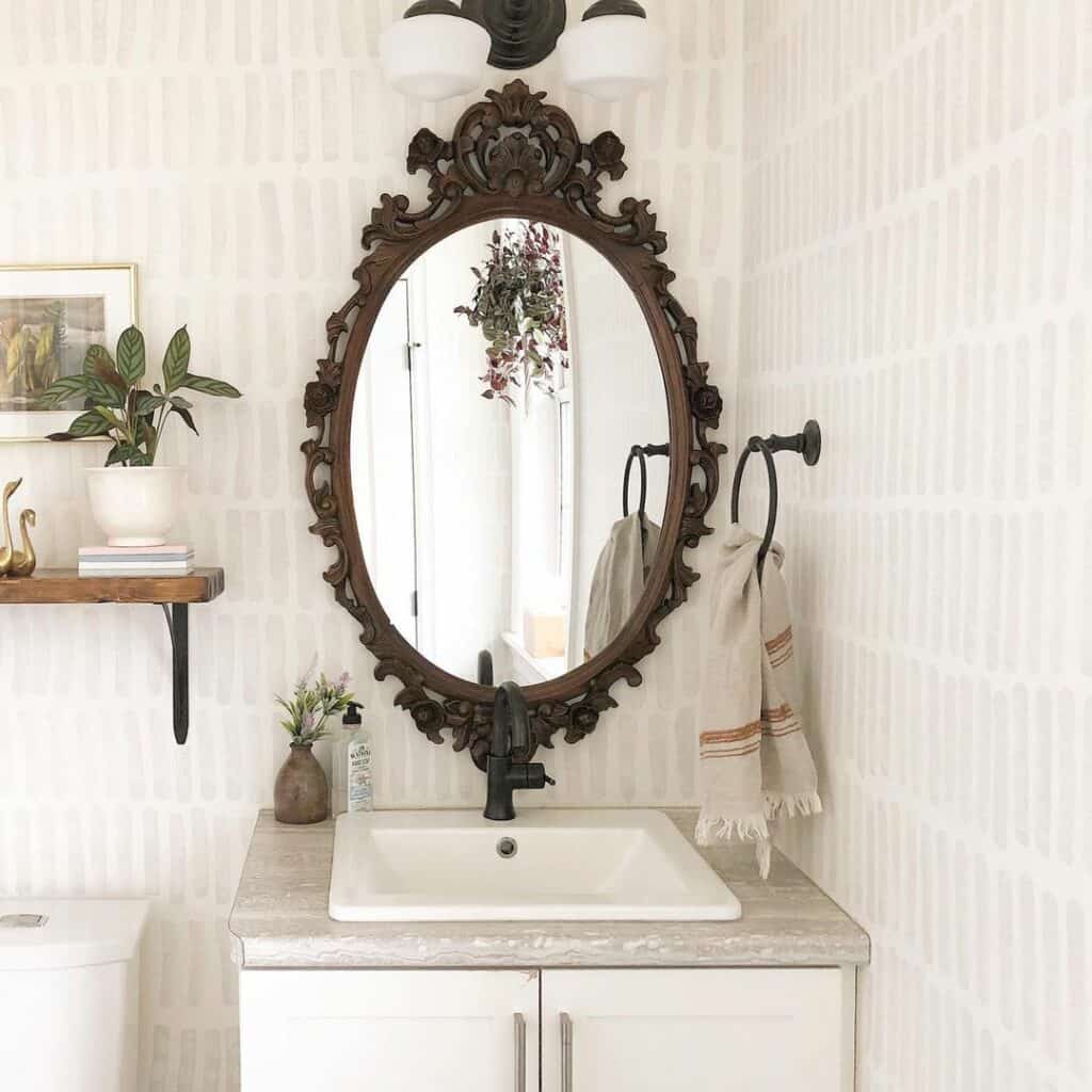White and Gray Wallpapered Bathroom