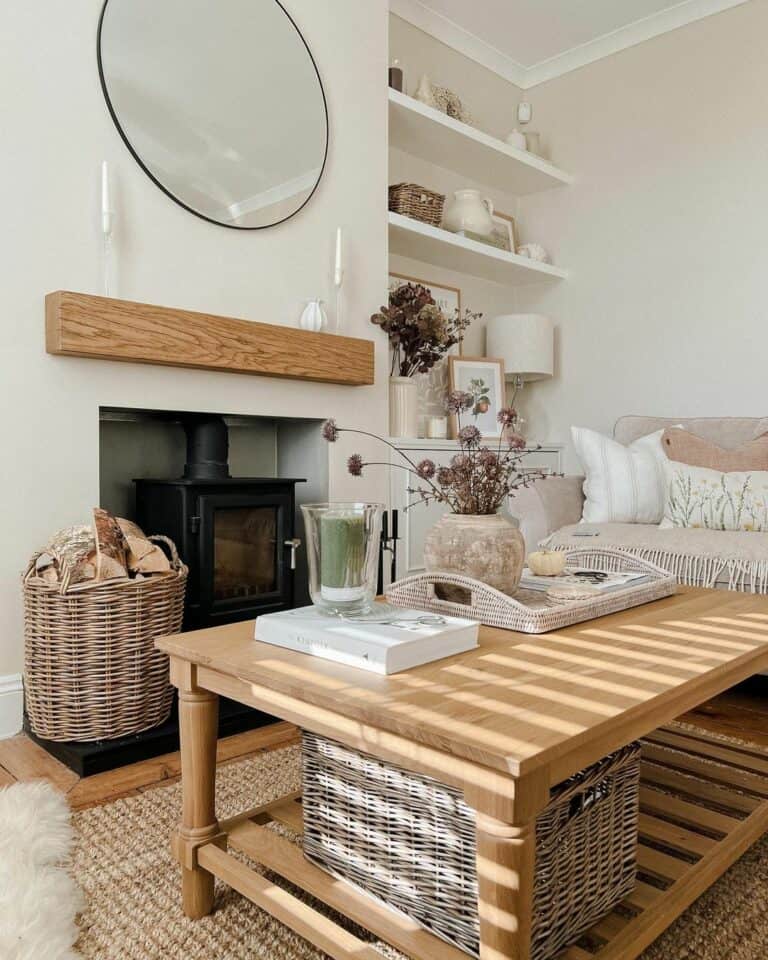 Wicker Firewood Storage Bins for a Farmhouse Living Area