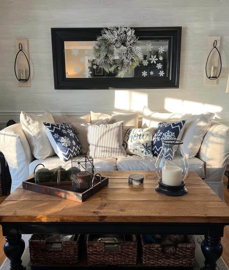 Winter-decorated Living Room With Vintage Sconce Lights