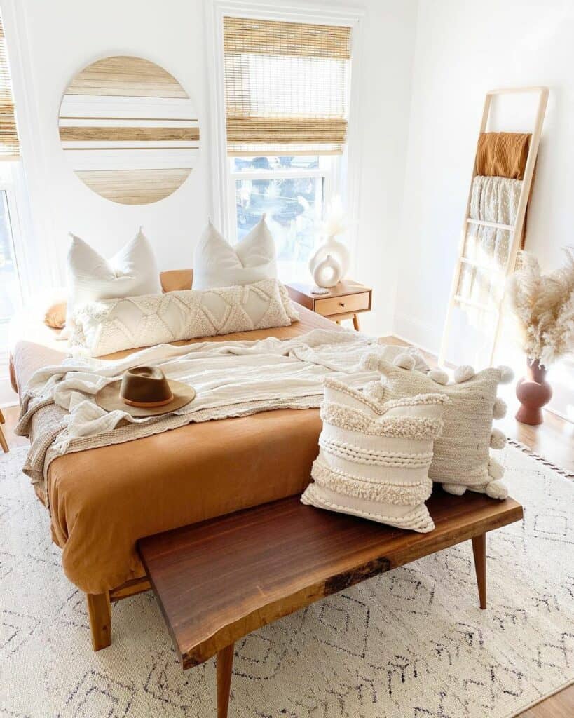 Wood Bench and Textured Pillows.