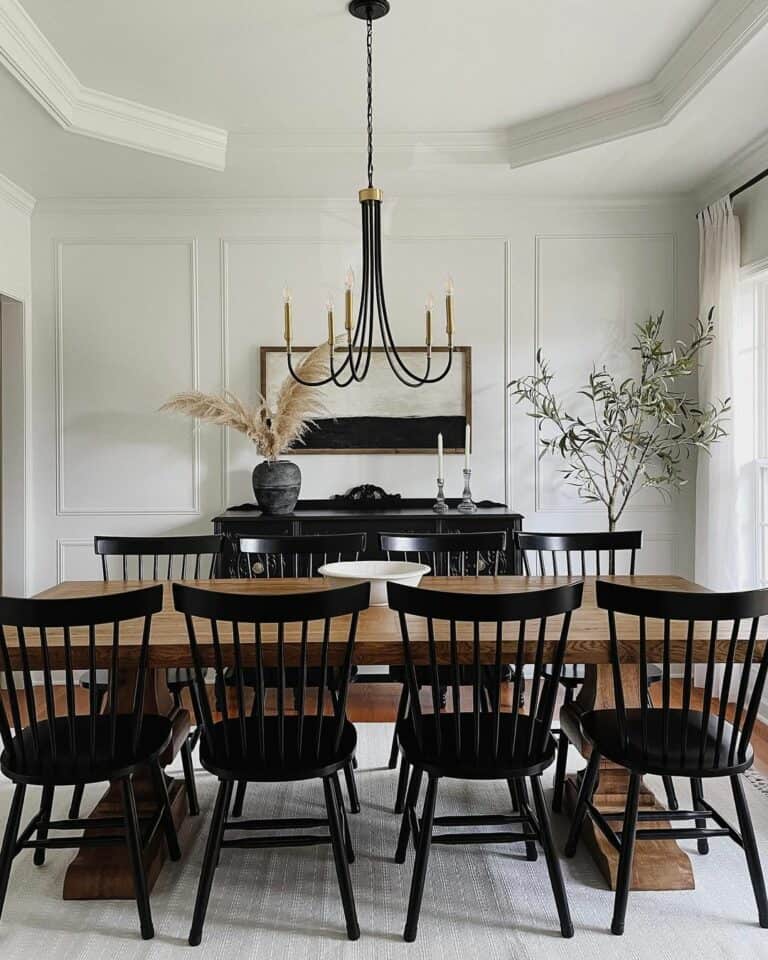 Wood Farmhouse Dining Table With Black Spindle Chairs