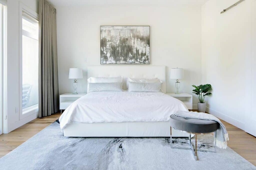 Wood Flooring in Gray and White Bedroom