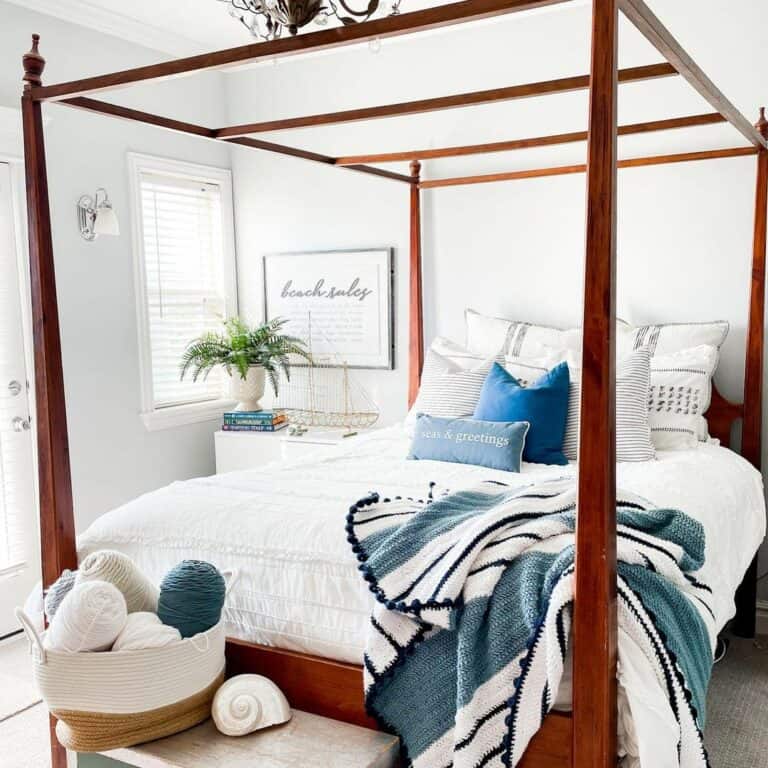 Wood Framed Bed With Blue and White Color Tones