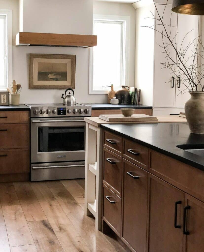 Wood Kitchen With Black Countertops