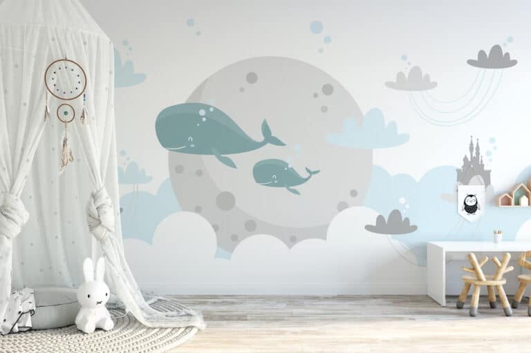 Boho Celestial Kid's Bedroom Whale Wallpaper, Removale Toddler & Baby Nursery Mural, Cute Children's Playroom Astrology Decor Theme Wall Art