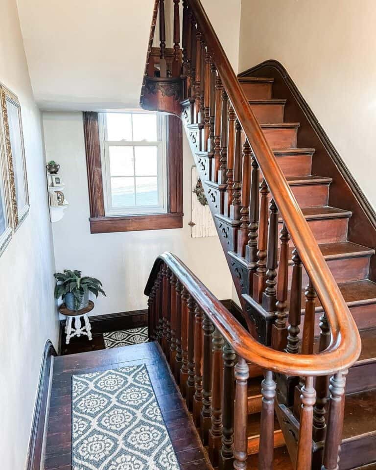 Antique Stained Wood Staircase With Balusters