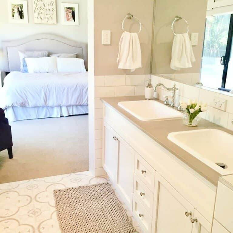 Attached Bath With White Bathroom Cabinets